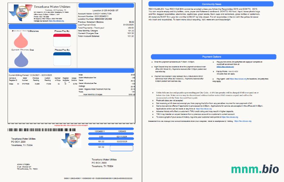 USA Texarkana woda utilities rachunek za media szablon w formacie Word i PDF, 2 strony